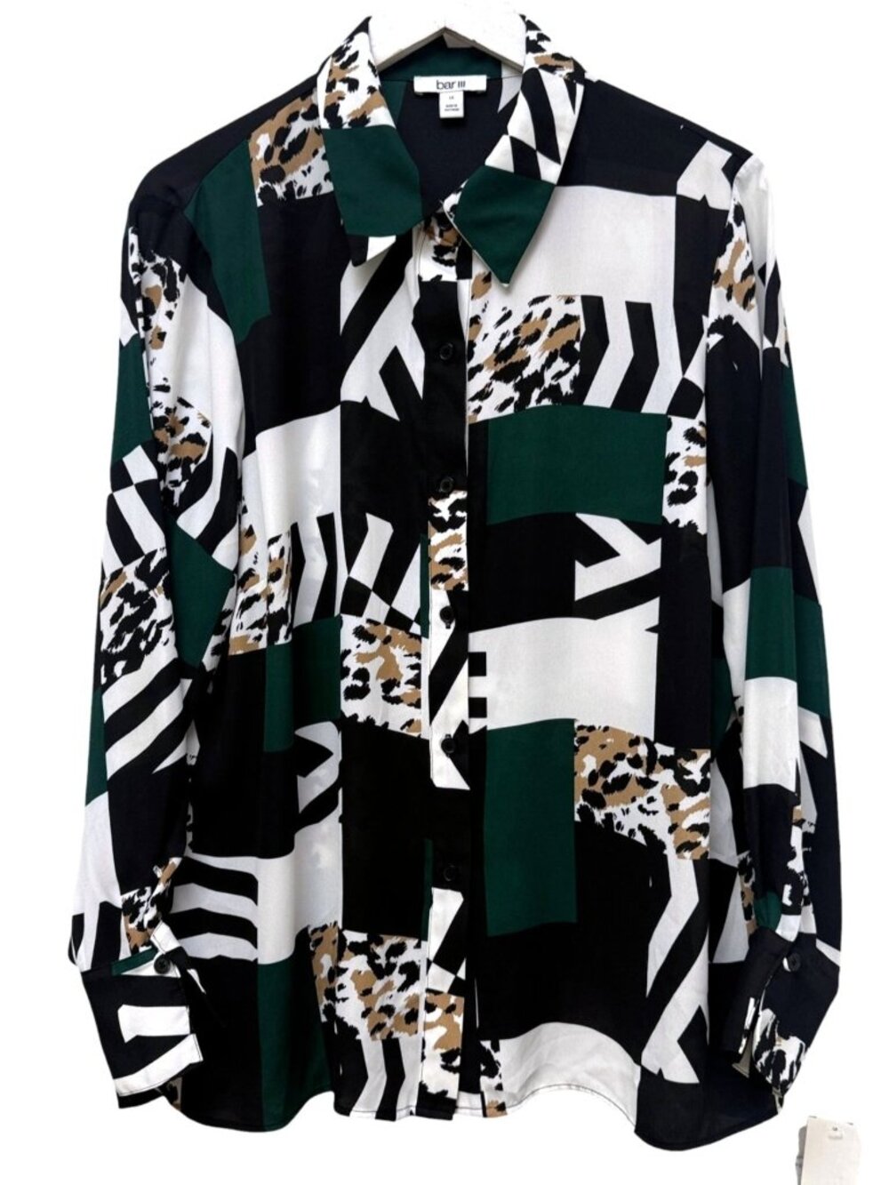 Bar III Blouse Plus Size 1X Buttonup Top Green Black Geometric Print NWT